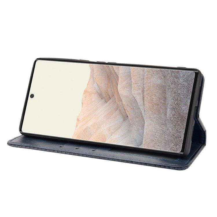 Vintage Style Stand Wallet Leather Cover Phone Case for Google Pixel 6 - Blue