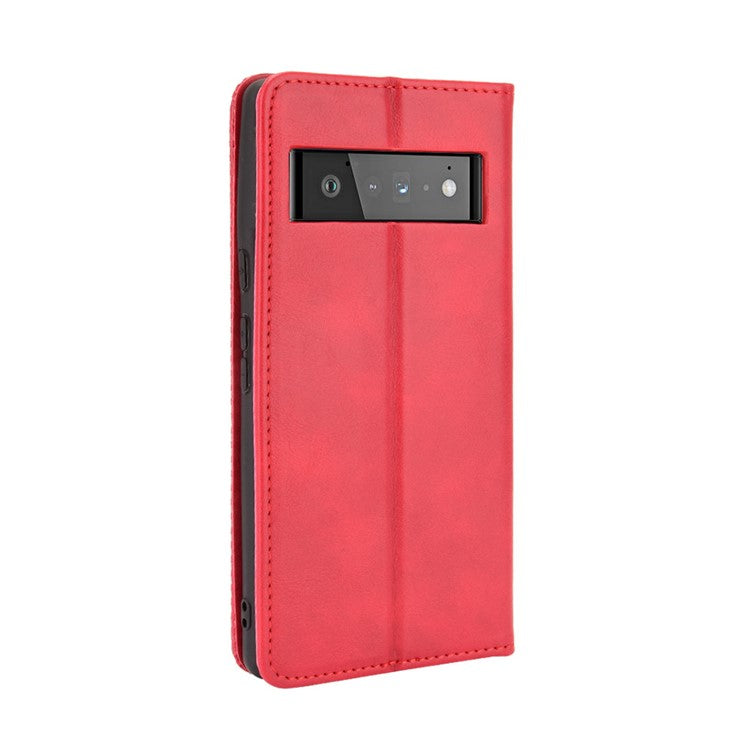 Vintage Style Stand Wallet Leather Cover Phone Case for Google Pixel 6 - Red