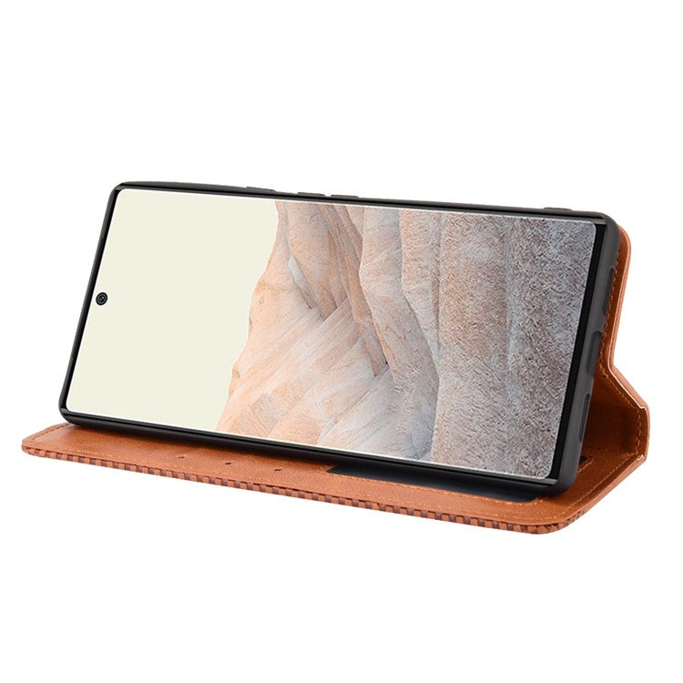 Vintage Style Auto-absorbed Leather Wallet Stand Phone Case for Google Pixel 6 Pro - Brown