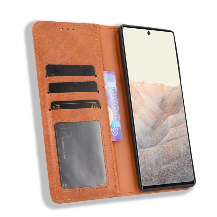 Vintage Style Auto-absorbed Leather Wallet Stand Phone Case for Google Pixel 6 Pro - Brown