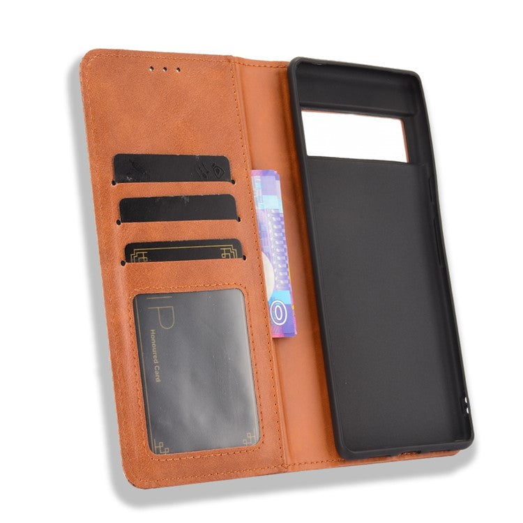 Vintage Style Auto-absorbed Leather Wallet Stand Phone Case for Google Pixel 6 Pro - Brown