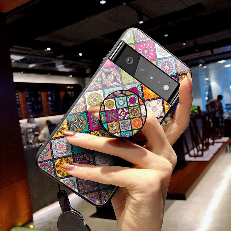 Colorful Flower Pattern Tempered Glass Hybrid Slim Lightweight Back Cover with Kickstand Strap for Google Pixel 6 Pro - Color Pattern