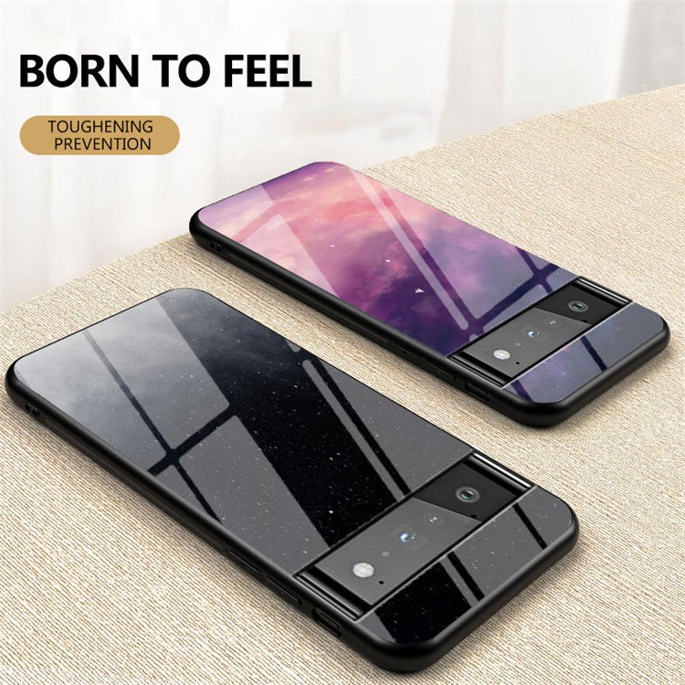 Drop-resistant Starry Sky Pattern Tempered Glass Phone Hybrid Back Case for Google Pixel 6 Pro - Black Starry
