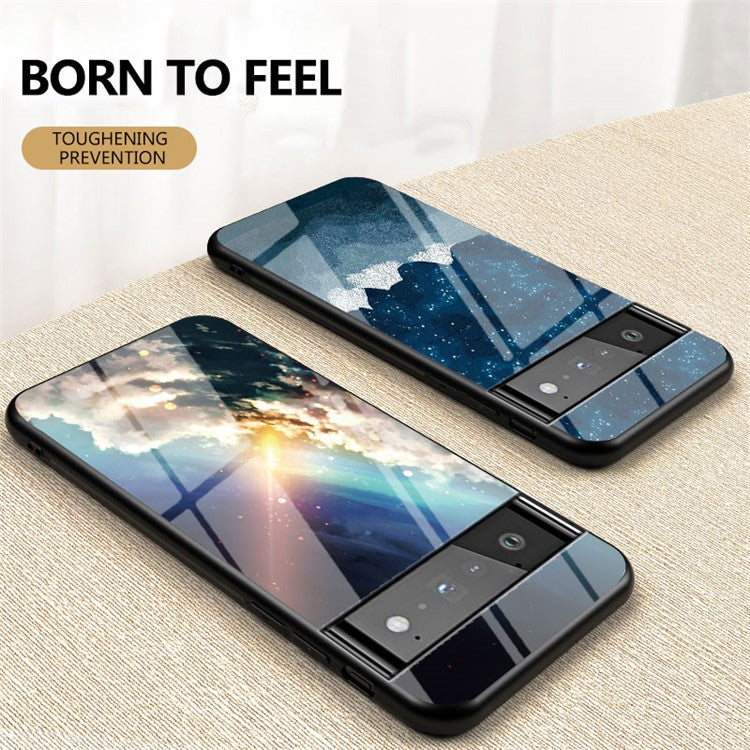 Drop-resistant Starry Sky Pattern Tempered Glass Phone Hybrid Back Case for Google Pixel 6 Pro - Black Starry