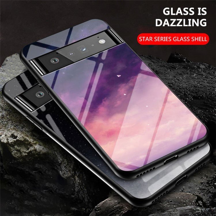 Drop-resistant Starry Sky Pattern Tempered Glass Phone Hybrid Back Case for Google Pixel 6 Pro - Black Starry