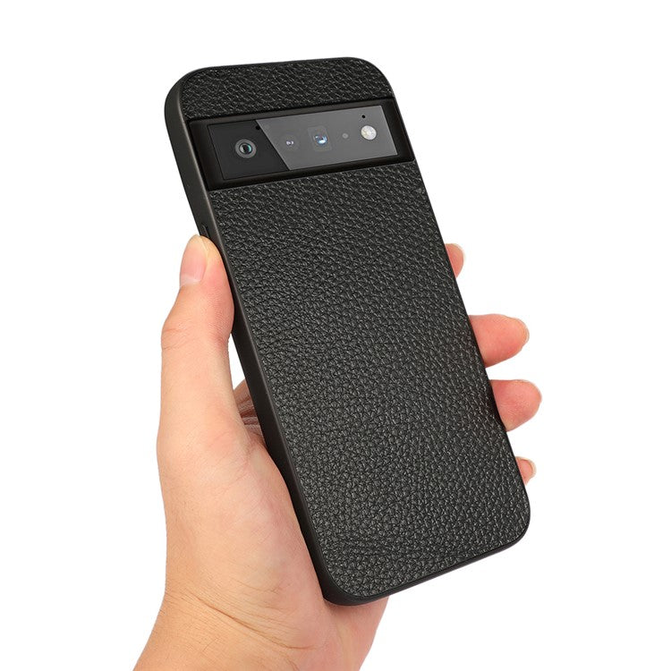 Genuine Leather Coated Litchi Texture PC Phone Case Shell for Google Pixel 6 Pro - Black