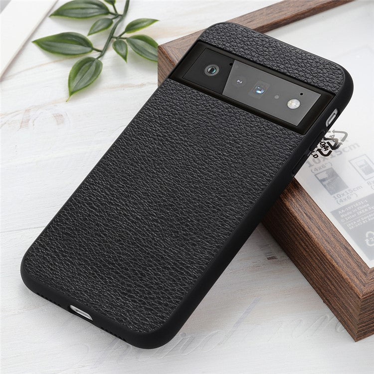 Genuine Leather Coated Litchi Texture PC Phone Case Shell for Google Pixel 6 Pro - Black