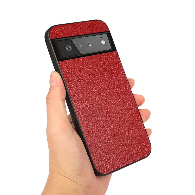 Genuine Leather Coated Litchi Texture PC Phone Case Shell for Google Pixel 6 Pro - Red