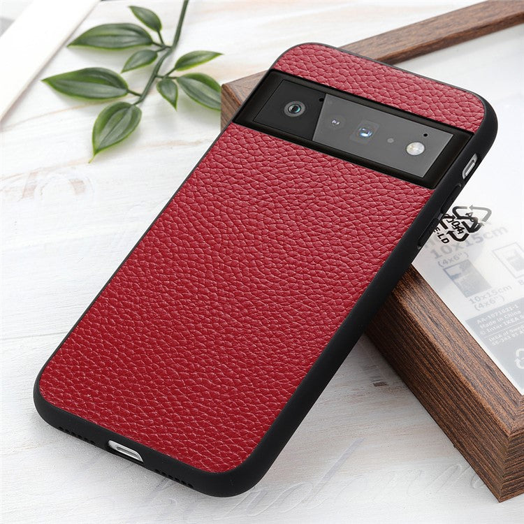 Genuine Leather Coated Litchi Texture PC Phone Case Shell for Google Pixel 6 Pro - Red