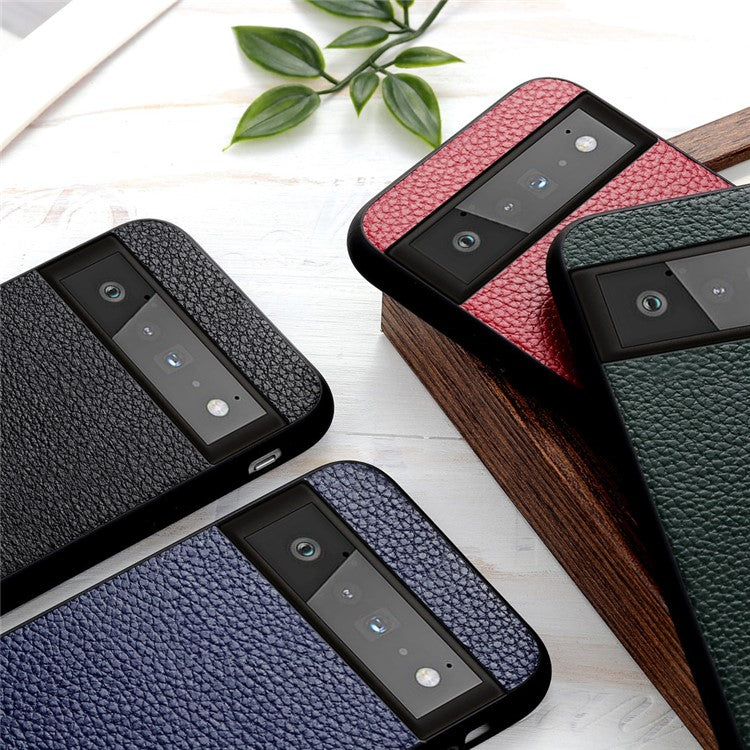 Genuine Leather Coated Litchi Texture PC Phone Case Shell for Google Pixel 6 Pro - Red