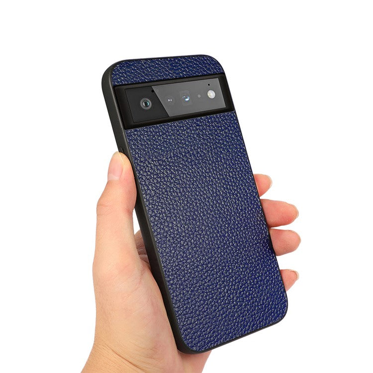 Genuine Leather Coated Litchi Texture PC Phone Case Shell for Google Pixel 6 Pro - Blue