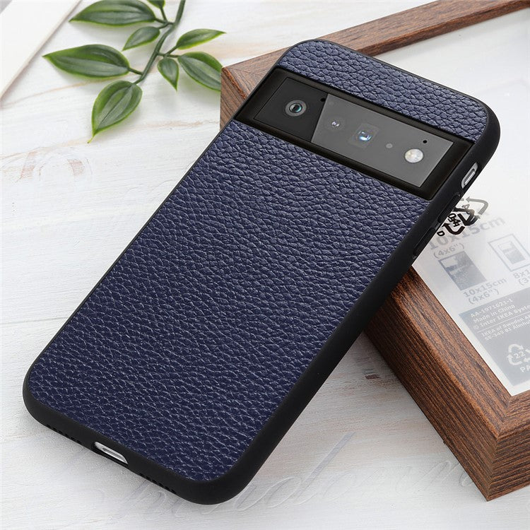 Genuine Leather Coated Litchi Texture PC Phone Case Shell for Google Pixel 6 Pro - Blue
