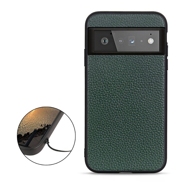 Genuine Leather Coated Litchi Texture PC Phone Case Shell for Google Pixel 6 Pro - Green