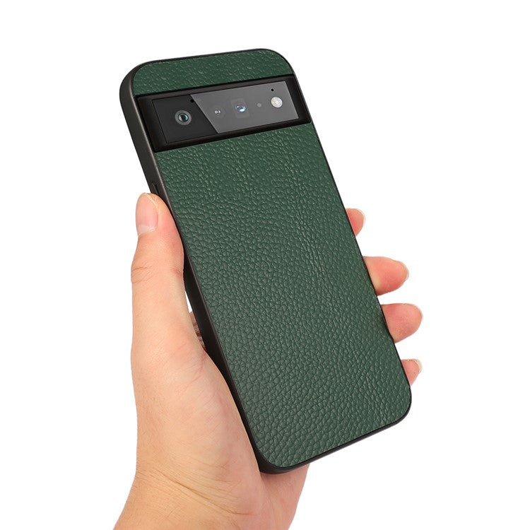 Genuine Leather Coated Litchi Texture PC Phone Case Shell for Google Pixel 6 Pro - Green