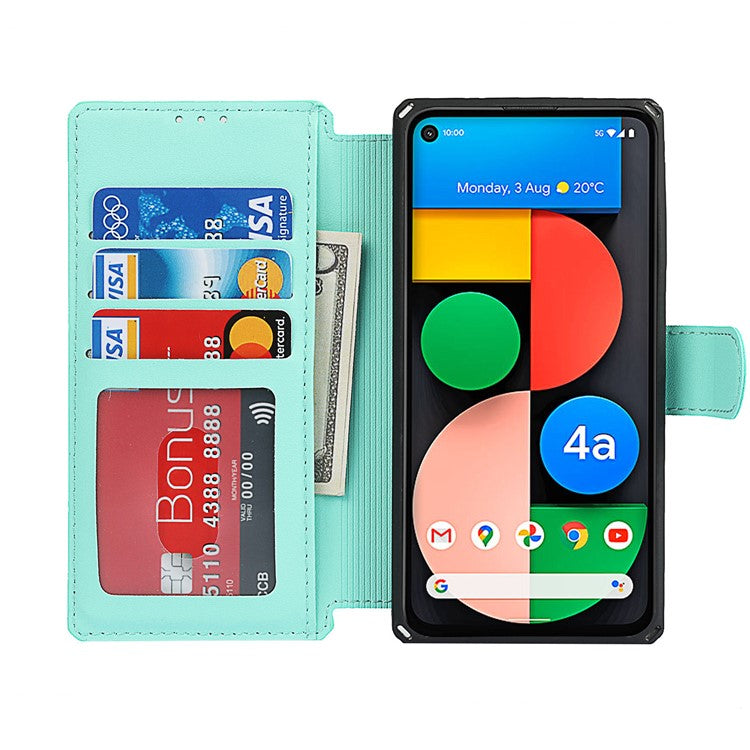 PU Leather Wallet Phone Cover with Wrist Strap for Google Pixel 4a - Cyan