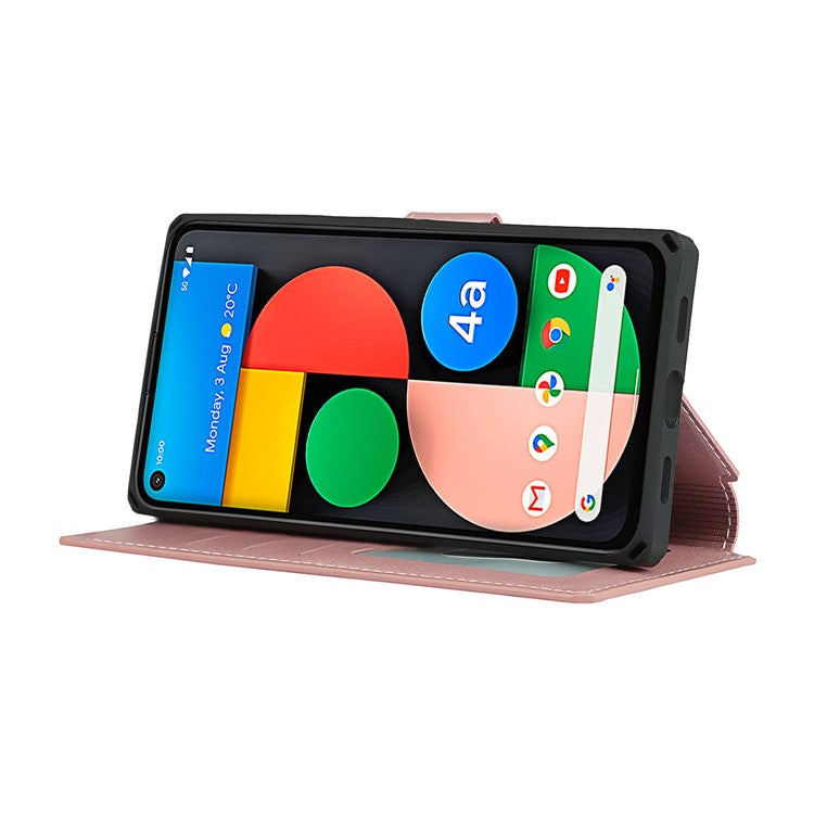 PU Leather Wallet Phone Cover with Wrist Strap for Google Pixel 4a - Rose Gold