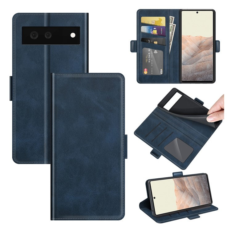 Folio Flip Magnetic Clasp Closure PU Leather Phone Cover Case with Stand for Google Pixel 6 - Blue