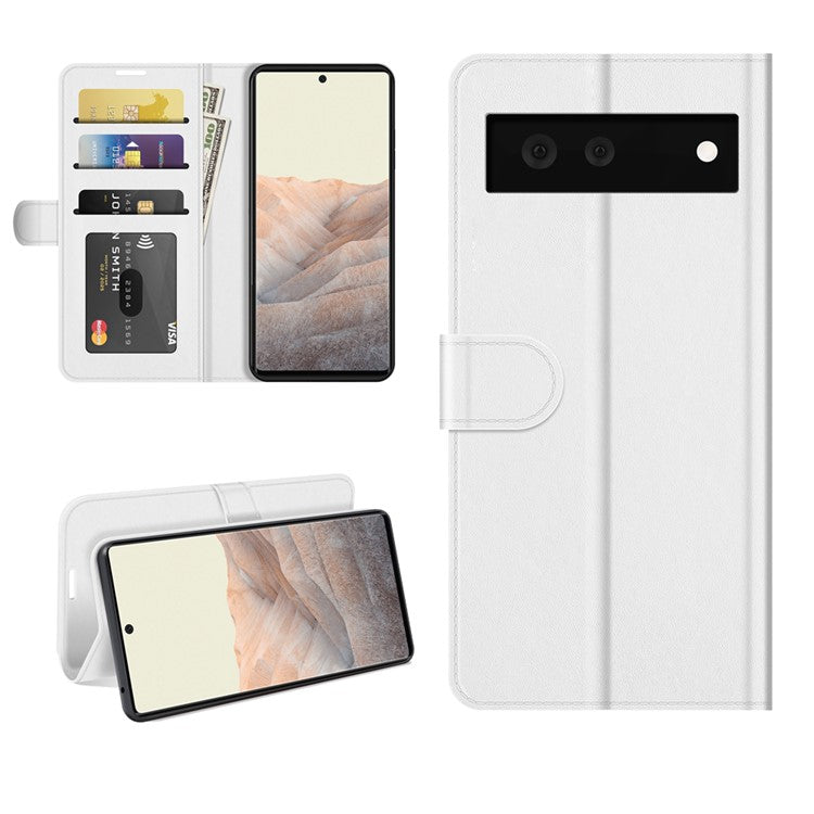 Folio Flip Crazy Horse Texture TPU Bumper Frame Leather Wallet Case with Stand for Google Pixel 6 - White