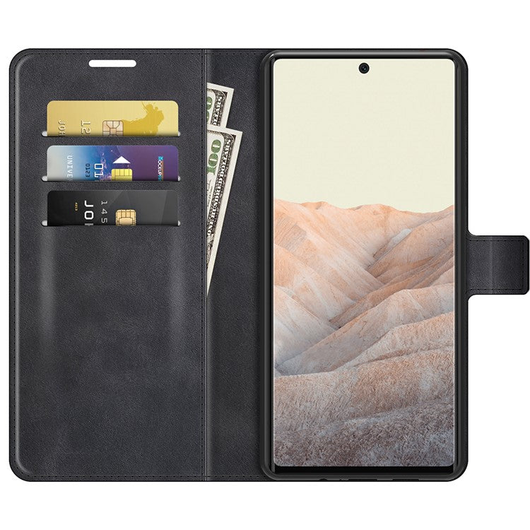 Folio Flip Leather Wallet Protective Case Phone Stand Cover Shell for Google Pixel 6 - Black
