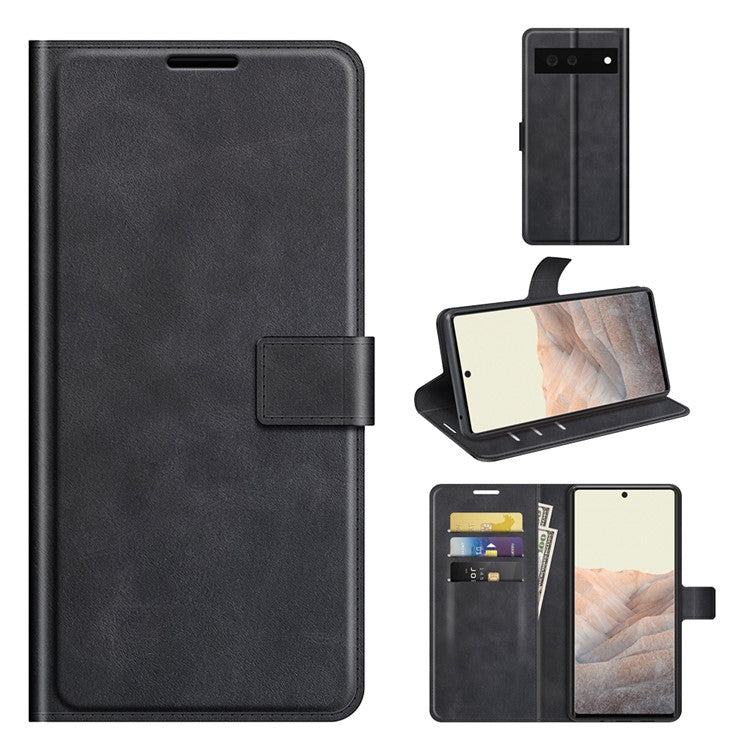 Folio Flip Leather Wallet Protective Case Phone Stand Cover Shell for Google Pixel 6 - Black
