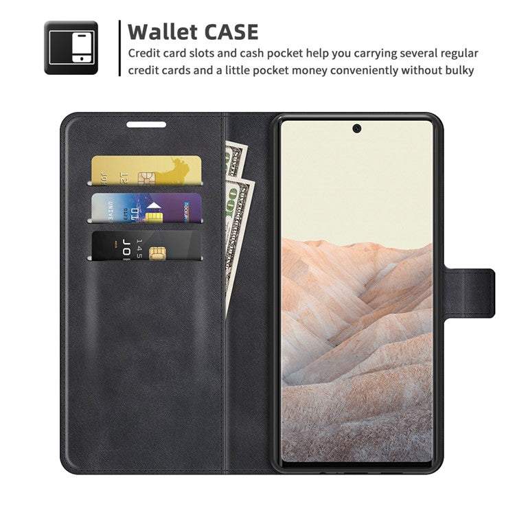 Folio Flip Leather Wallet Protective Case Phone Stand Cover Shell for Google Pixel 6 - Black