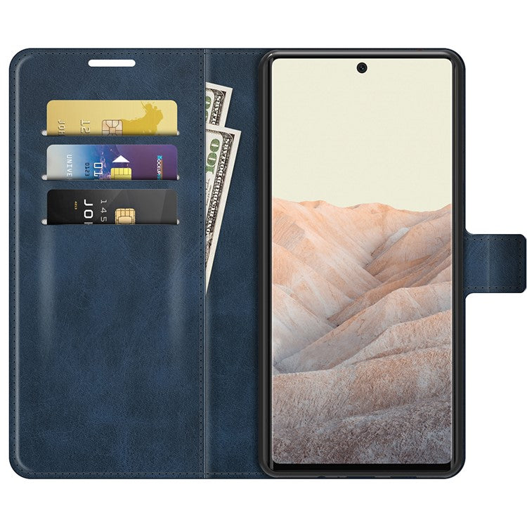Folio Flip Leather Wallet Protective Case Phone Stand Cover Shell for Google Pixel 6 - Blue