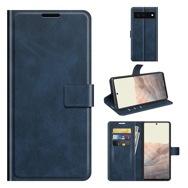 Folio Flip Leather Wallet Protective Case Phone Stand Cover Shell for Google Pixel 6 - Blue