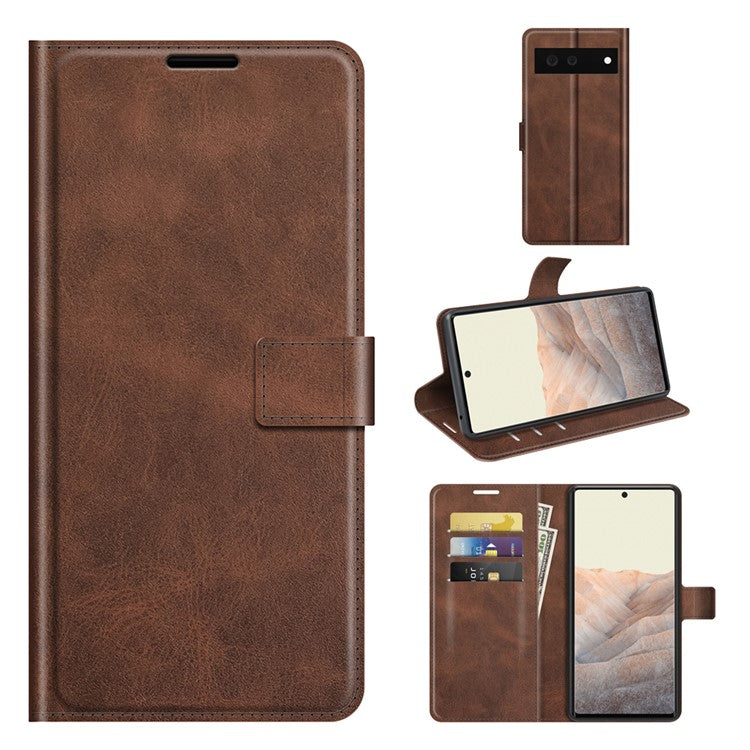Folio Flip Leather Wallet Protective Case Phone Stand Cover Shell for Google Pixel 6 - Coffee