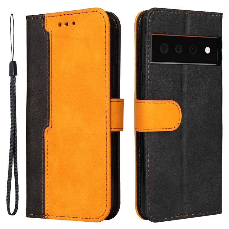 Two-Color Style Magnetic Soft TPU + PU Shockproof Flip Cover Wallet with Strap for Google Pixel 6 - Orange