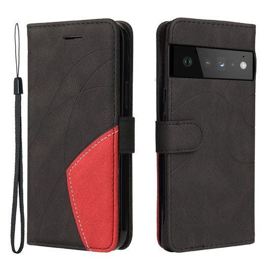 KT Leather Series-1 Bi-color Splicing PU Leather Wallet Case Flip Stand Cover with Wrist Strap for Google Pixel 6 - Black