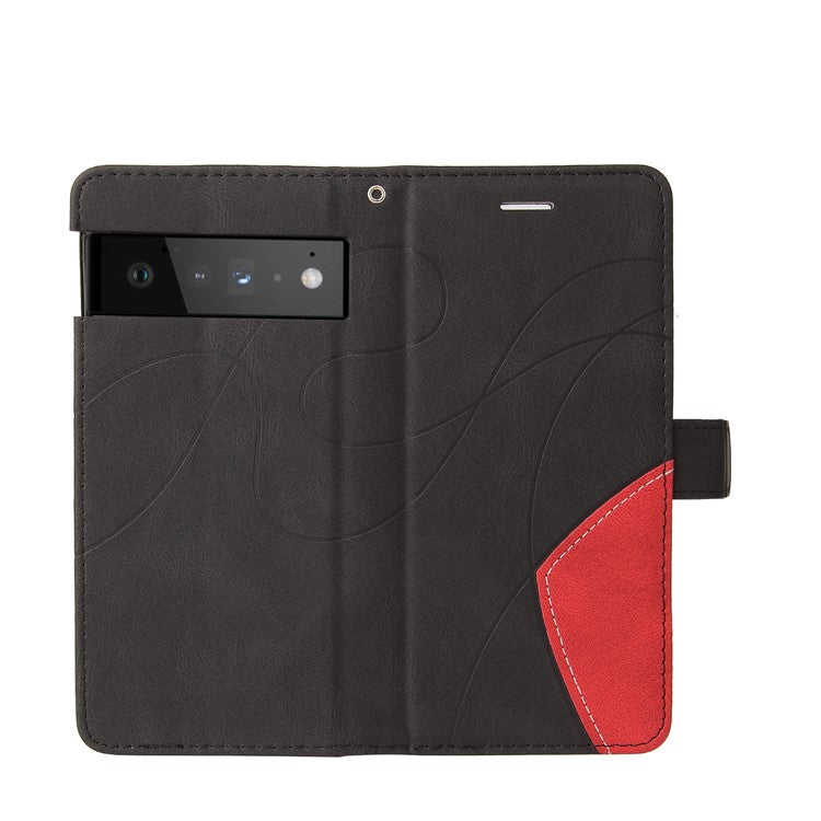 KT Leather Series-1 Bi-color Splicing PU Leather Wallet Case Flip Stand Cover with Wrist Strap for Google Pixel 6 - Black