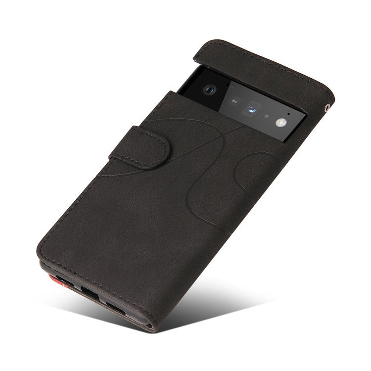 KT Leather Series-1 Bi-color Splicing PU Leather Wallet Case Flip Stand Cover with Wrist Strap for Google Pixel 6 - Black