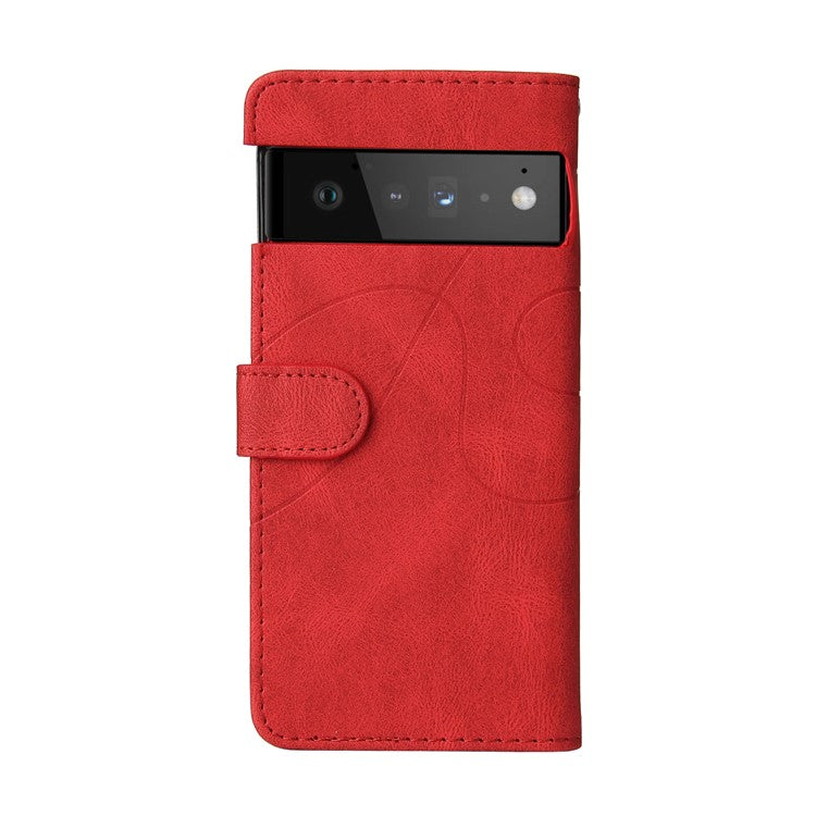 KT Leather Series-1 Bi-color Splicing PU Leather Wallet Case Flip Stand Cover with Wrist Strap for Google Pixel 6 - Red