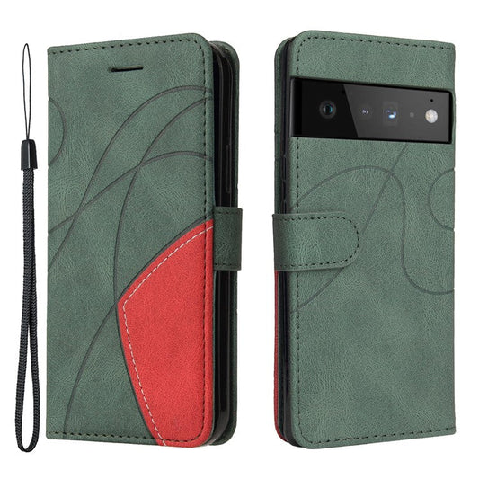 KT Leather Series-1 Bi-color Splicing PU Leather Wallet Case Flip Stand Cover with Wrist Strap for Google Pixel 6 - Green