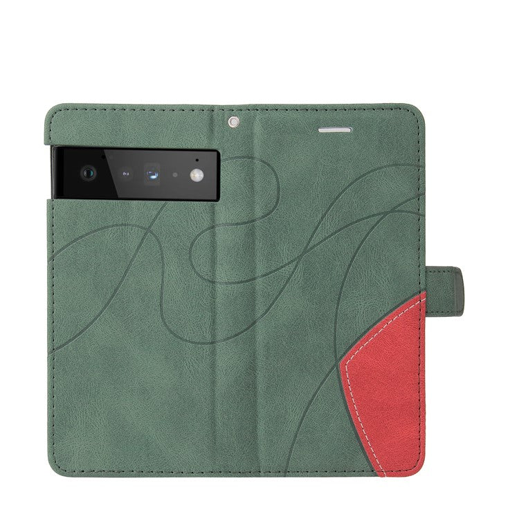 KT Leather Series-1 Bi-color Splicing PU Leather Wallet Case Flip Stand Cover with Wrist Strap for Google Pixel 6 - Green