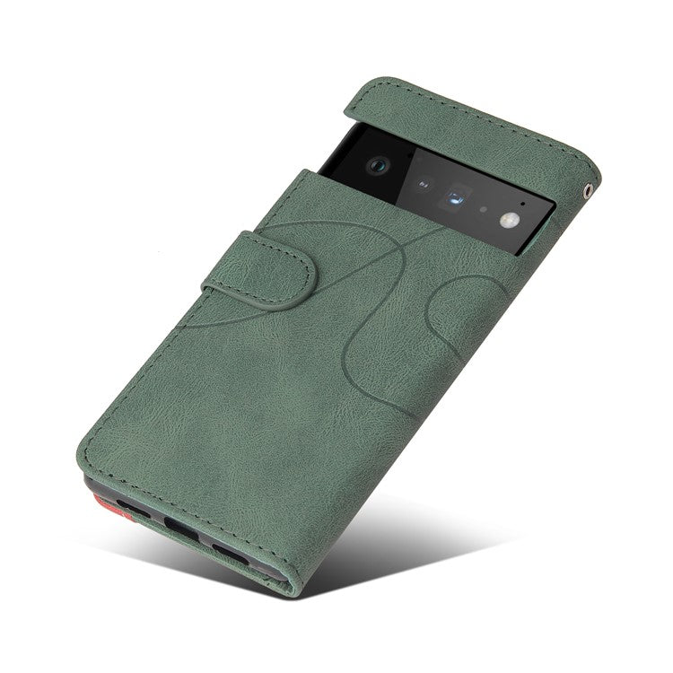 KT Leather Series-1 Bi-color Splicing PU Leather Wallet Case Flip Stand Cover with Wrist Strap for Google Pixel 6 - Green