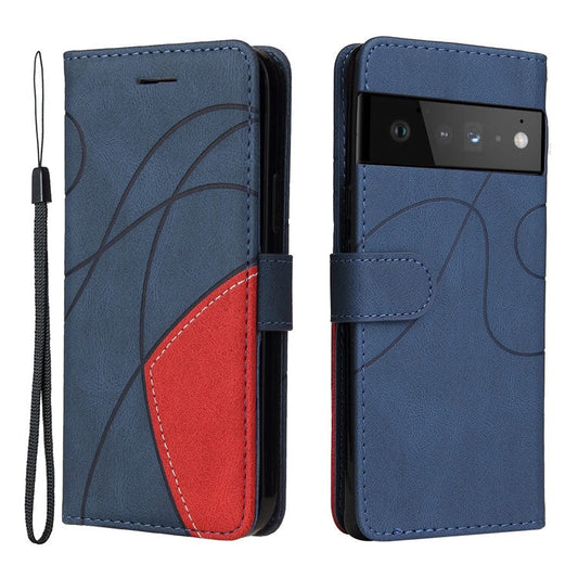 KT Leather Series-1 Bi-color Splicing PU Leather Wallet Case Flip Stand Cover with Wrist Strap for Google Pixel 6 - Blue