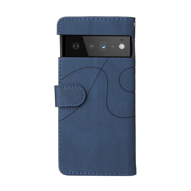 KT Leather Series-1 Bi-color Splicing PU Leather Wallet Case Flip Stand Cover with Wrist Strap for Google Pixel 6 - Blue