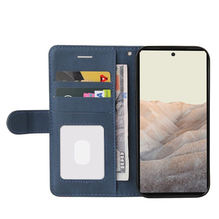 KT Leather Series-1 Bi-color Splicing PU Leather Wallet Case Flip Stand Cover with Wrist Strap for Google Pixel 6 - Blue