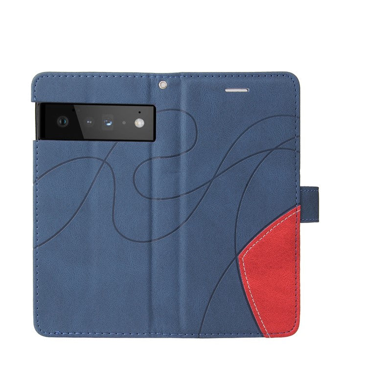 KT Leather Series-1 Bi-color Splicing PU Leather Wallet Case Flip Stand Cover with Wrist Strap for Google Pixel 6 - Blue