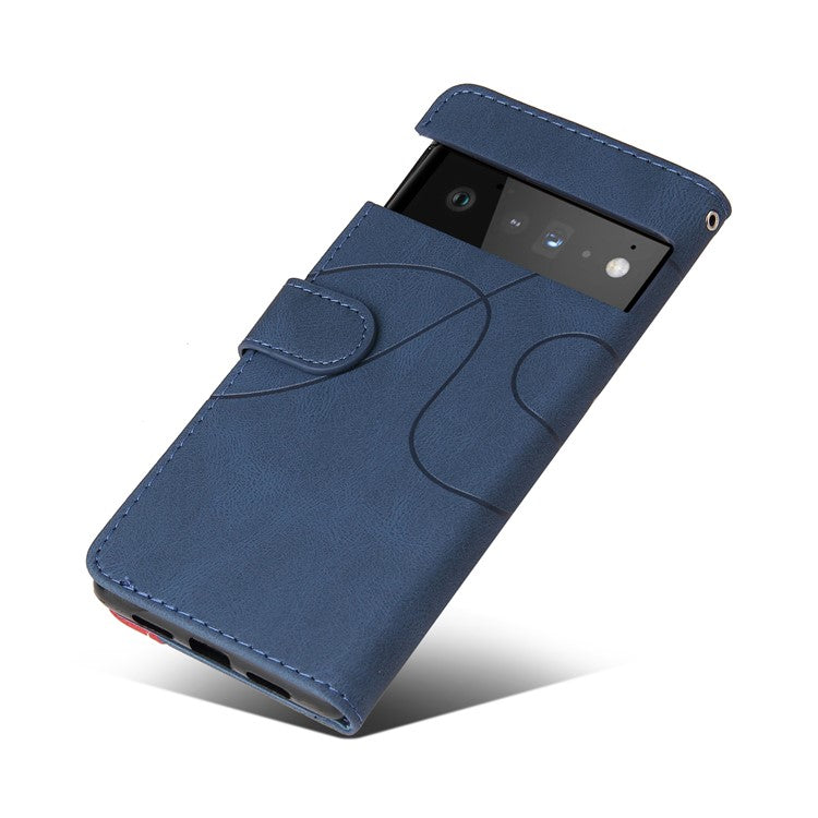 KT Leather Series-1 Bi-color Splicing PU Leather Wallet Case Flip Stand Cover with Wrist Strap for Google Pixel 6 - Blue