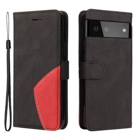 KT Leather Series-1 Bi-color Splicing Design Leather Wallet Case Stand Shell with Handy Strap for Google Pixel 6 Pro - Black