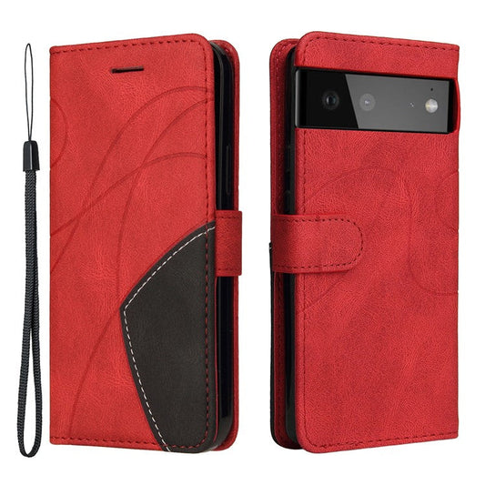 KT Leather Series-1 Bi-color Splicing Design Leather Wallet Case Stand Shell with Handy Strap for Google Pixel 6 Pro - Red