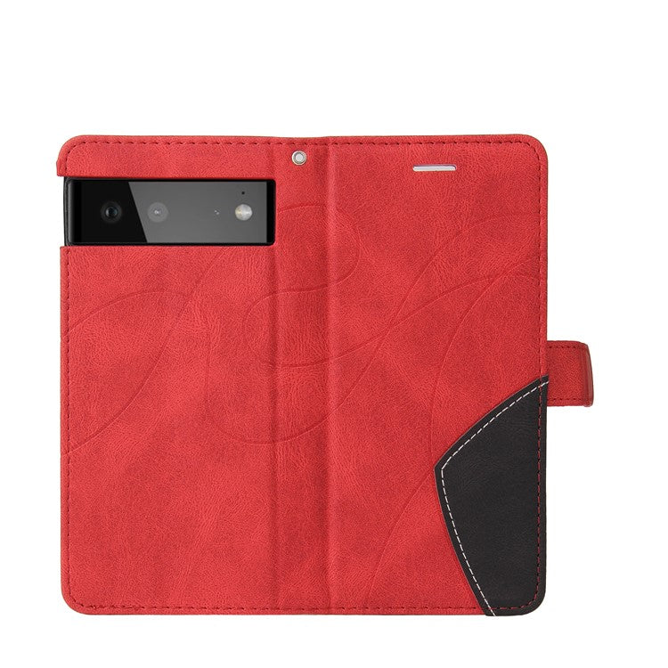 KT Leather Series-1 Bi-color Splicing Design Leather Wallet Case Stand Shell with Handy Strap for Google Pixel 6 Pro - Red