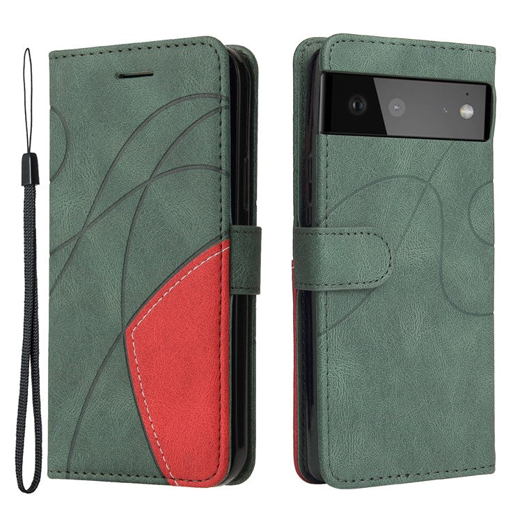 KT Leather Series-1 Bi-color Splicing Design Leather Wallet Case Stand Shell with Handy Strap for Google Pixel 6 Pro - Green