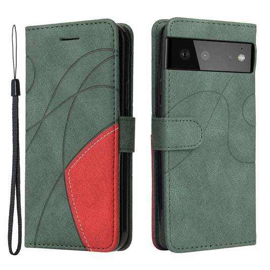 KT Leather Series-1 Bi-color Splicing Design Leather Wallet Case Stand Shell with Handy Strap for Google Pixel 6 Pro - Green