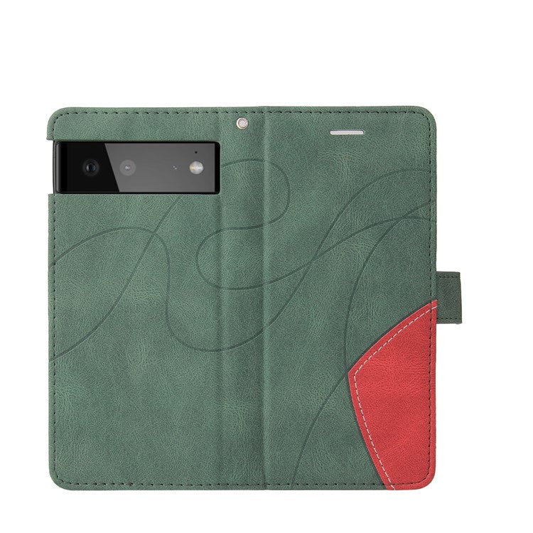 KT Leather Series-1 Bi-color Splicing Design Leather Wallet Case Stand Shell with Handy Strap for Google Pixel 6 Pro - Green