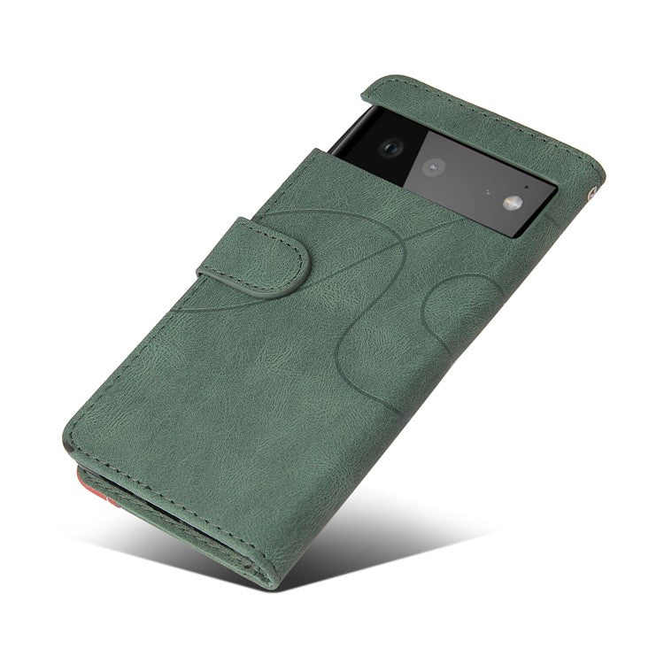 KT Leather Series-1 Bi-color Splicing Design Leather Wallet Case Stand Shell with Handy Strap for Google Pixel 6 Pro - Green
