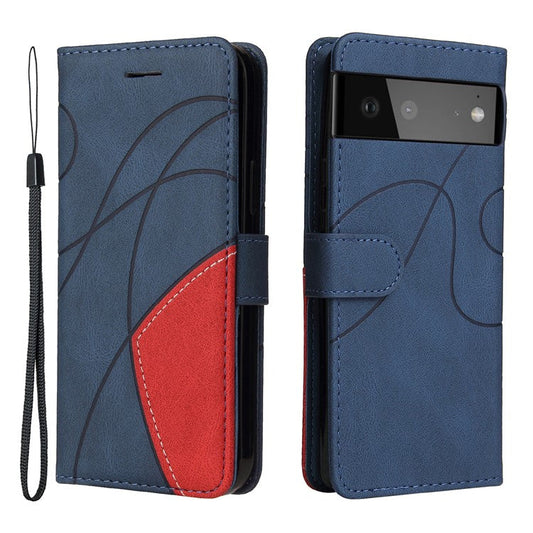 KT Leather Series-1 Bi-color Splicing Design Leather Wallet Case Stand Shell with Handy Strap for Google Pixel 6 Pro - Blue