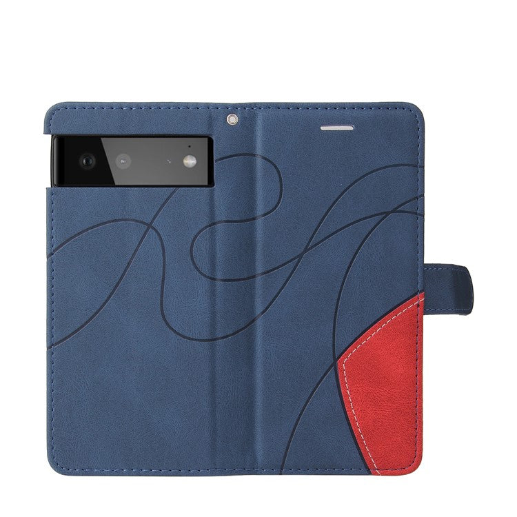 KT Leather Series-1 Bi-color Splicing Design Leather Wallet Case Stand Shell with Handy Strap for Google Pixel 6 Pro - Blue